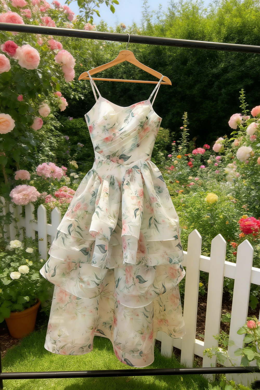 Robe en organza à imprimé floral rose et vert à volants - Robe printanière style frais gh6966