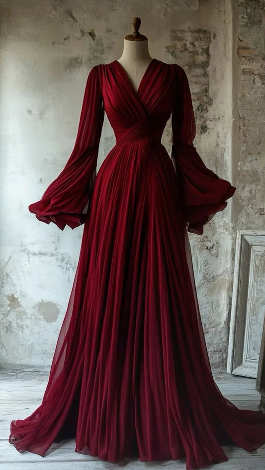 Girlhomeshops - Robe longue bordeaux à manches longues, élégante et modeste, col en V, coupe trapèze, en mousseline de soie, style vintage, gh5748