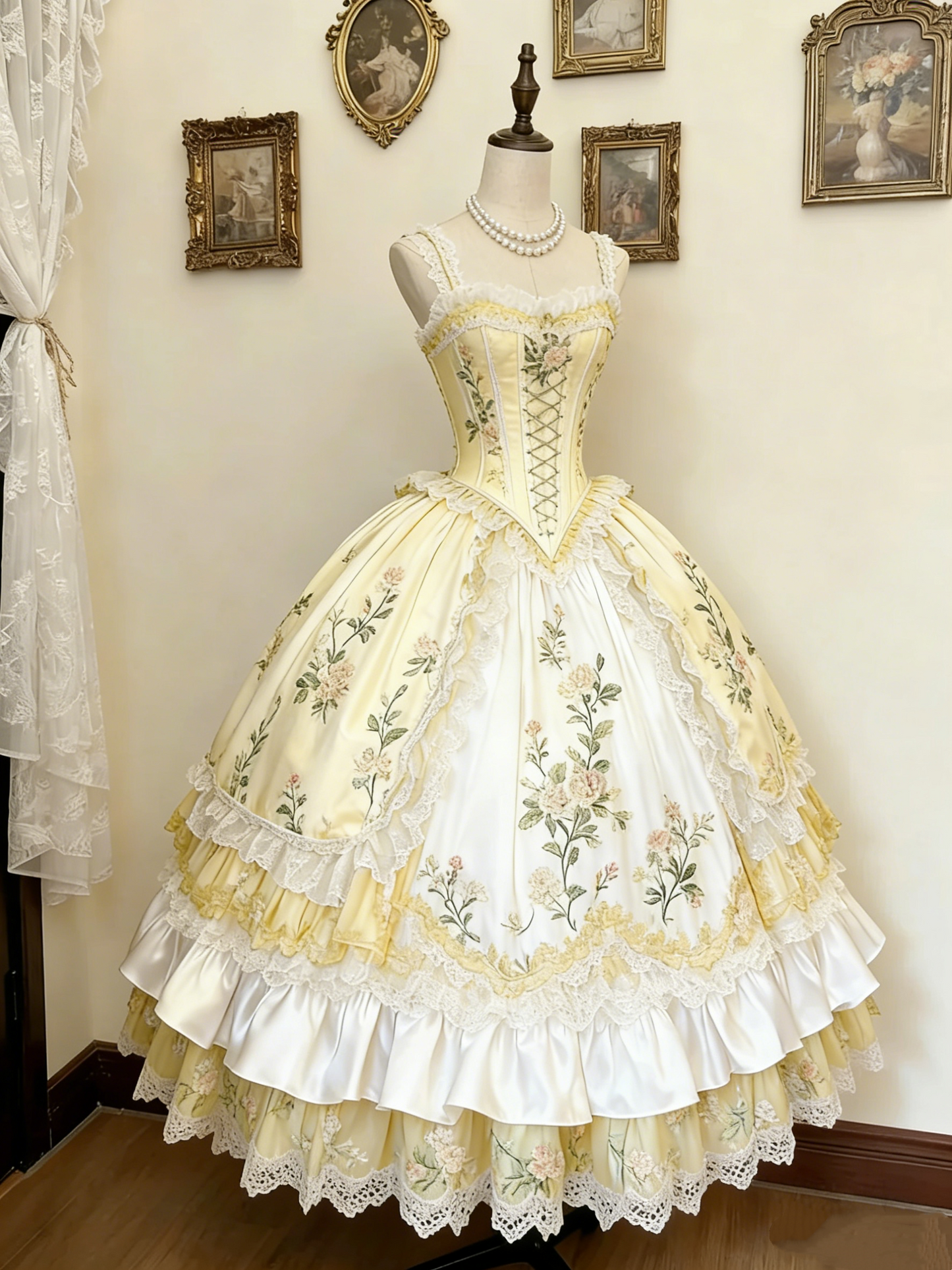 Robe de palais rococo rose verte et blanche gh6781