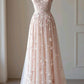 Robe de soirée longue rose à fleurs appliquées, coupe trapèze, robe de bal gh4755