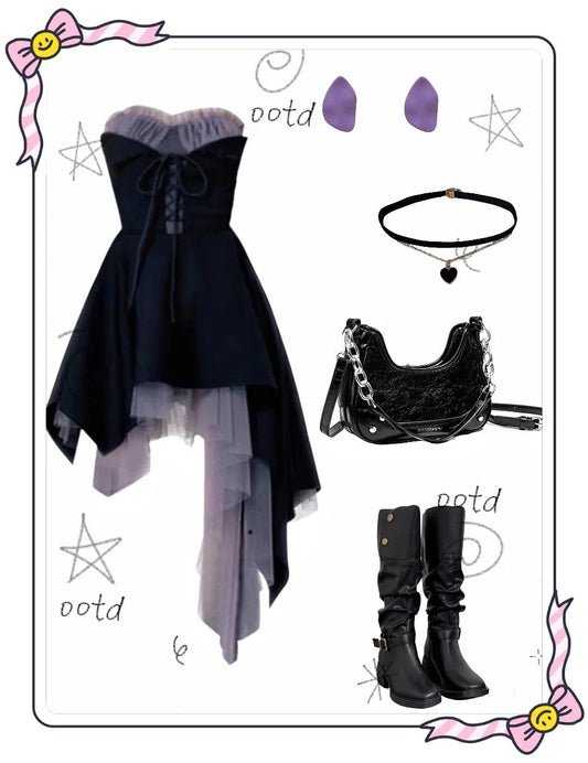 girlhomeshops - Robe de soirée courte élégante en satin et tulle noir et violet, style cool, pour fille, gh5734