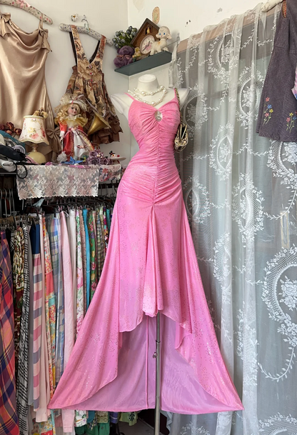 Blush Spaghetti Strap Waist Cinched Slim Fit Elegant Evening Party Gown gh7190