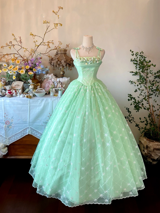 Light Green Camisole Fitted Waist Flared Evening Party Gown gh7134
