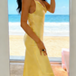 Hellgelbes Maxikleid aus Satin mit Spaghettiträgern – Wasserfallausschnitt und Rückenbindefunktion – Strandkleid/Gartendate/leichtes Abendkleid gh6995