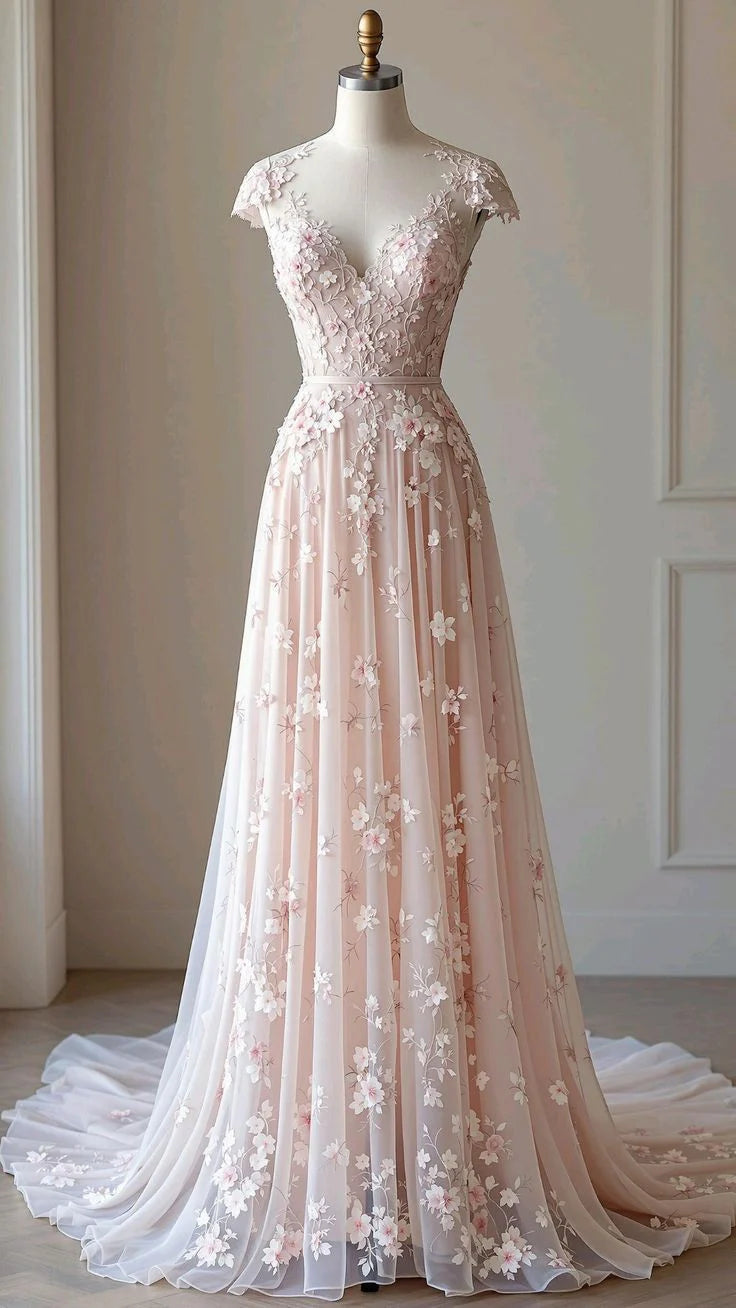 Robe de soirée longue rose à fleurs appliquées, coupe trapèze, robe de bal gh4755