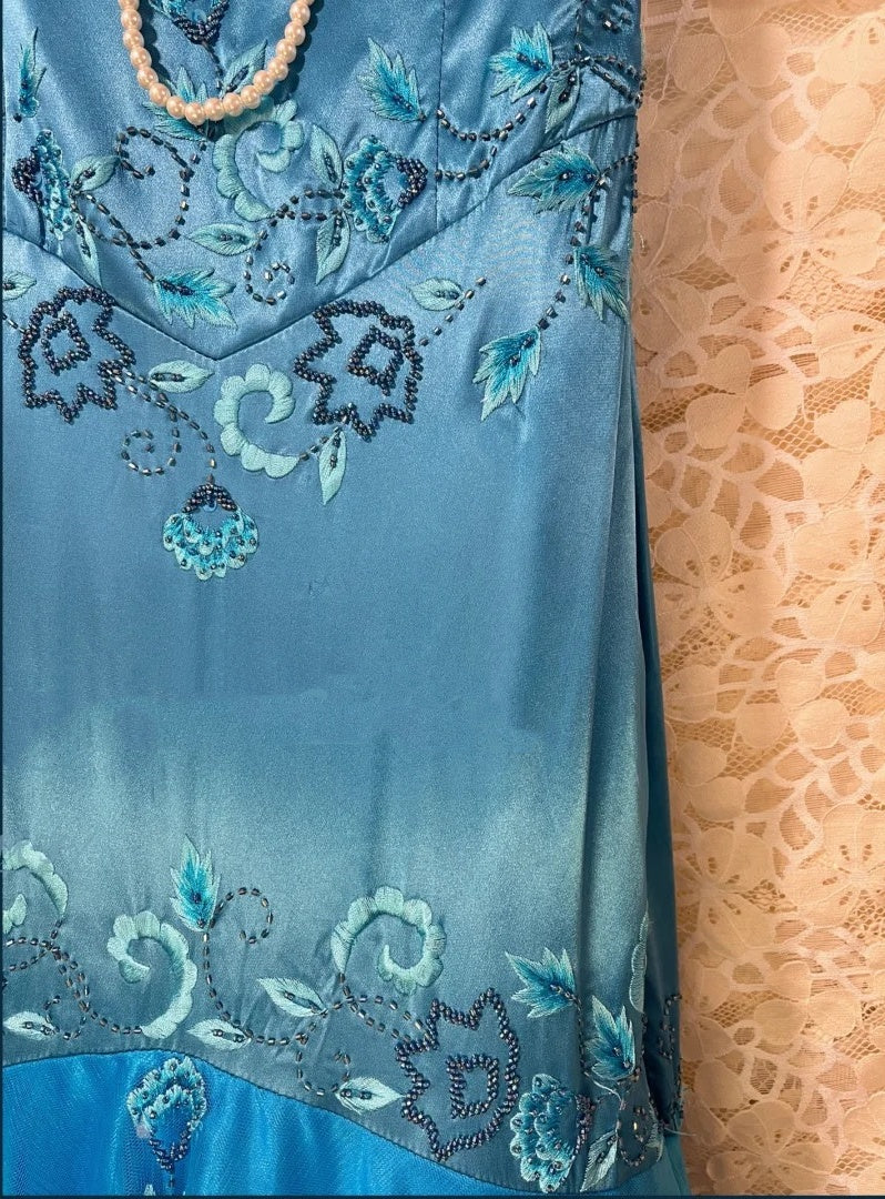 Blaues Blumenkleid, elegantes langes Satin-Ballkleid, Abendkleid, Partykleid, Brautjungfernkleider gh4464