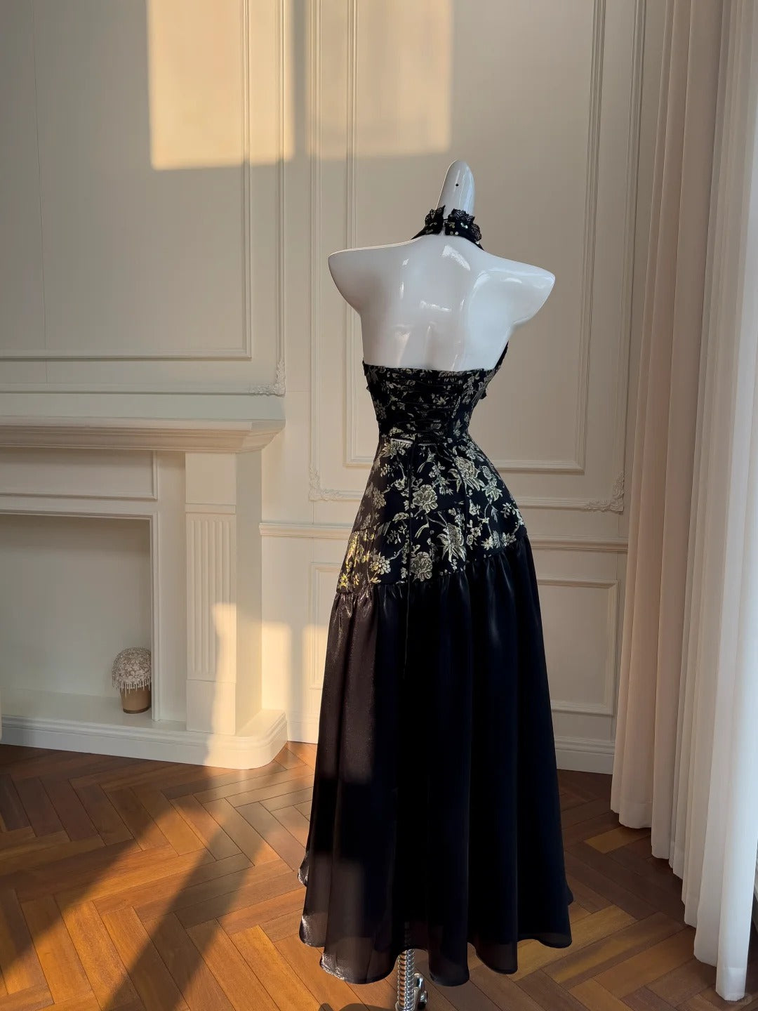 Schwarz/Weiß Vintage Langes Satin Ballkleid Geburtstagspartykleid Abendkleid gh4410