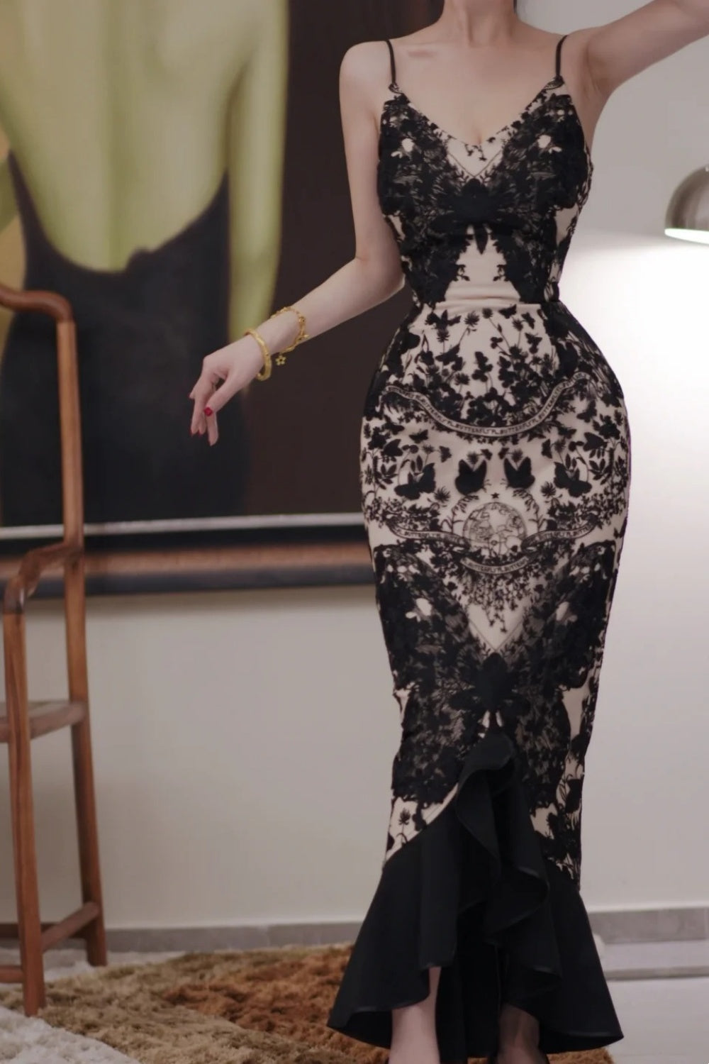 Vintage-Kleid im romantischen Vintage-Stil mit Spitzenbesatz, knöchellang, Meerjungfrauen-Stil und Schmetterlingsprint – figurbetontes, elegantes Kleid für Dinner- und Partyveranstaltungen gh6490