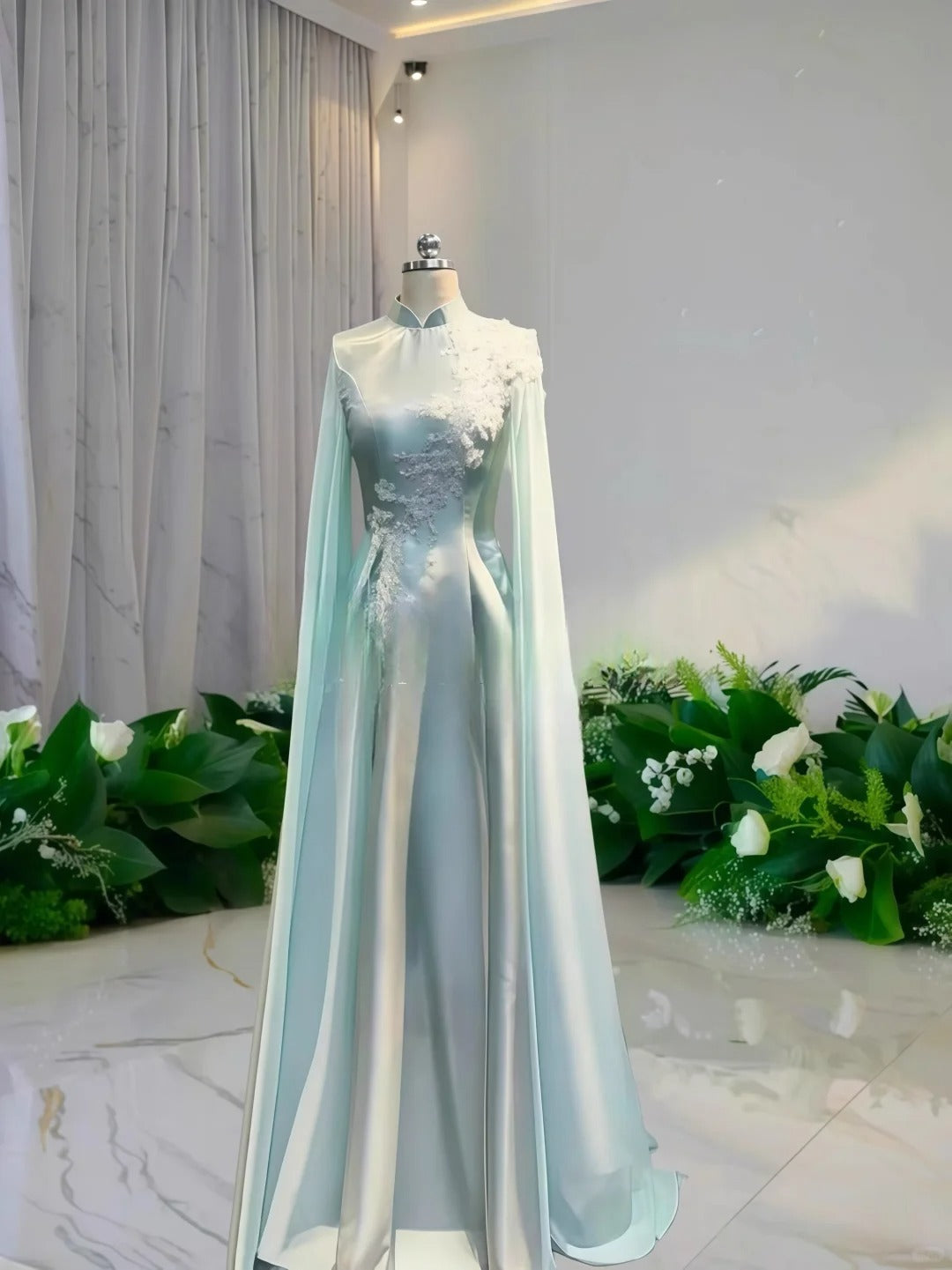 Girlhomeshops - Robe de bal longue en satin vert clair à fleurs et perles, robe de cérémonie à manches longues gh5309