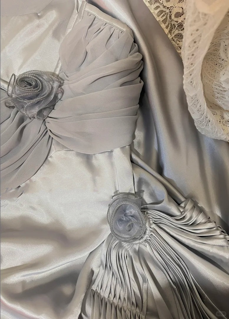 Robe de bal longue en satin à fleurs gris bleu, robe de soirée, robe de remise de diplôme gh4508