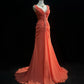 Orange Gorgeous Retro Fashion V-Neck Elegant Exquisite Pearl Beads Long Tulle Chiffon Floor-Length Trailing Ball Gown Evening Dress Prom Dress gh3872