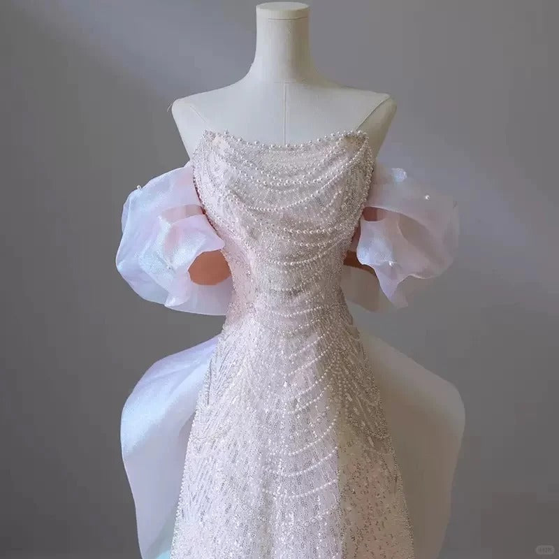 Girlhomeshops - Robe de bal longue en tulle rose magnifique, ornée de perles scintillantes et de perles, et robe de soirée formelle au sol gh5315