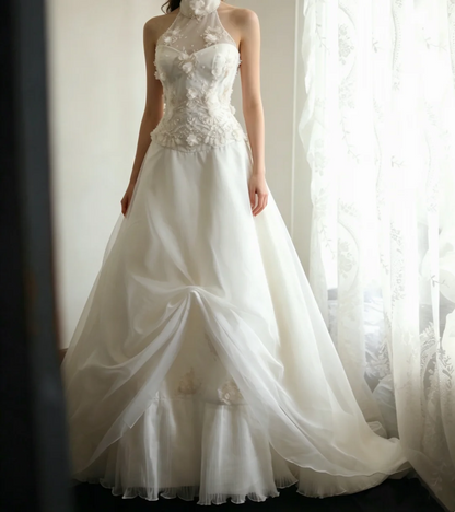 White Halter Beaded Waist-Cinched Slim Retro Long Ball Gown Evening Dress gh7118