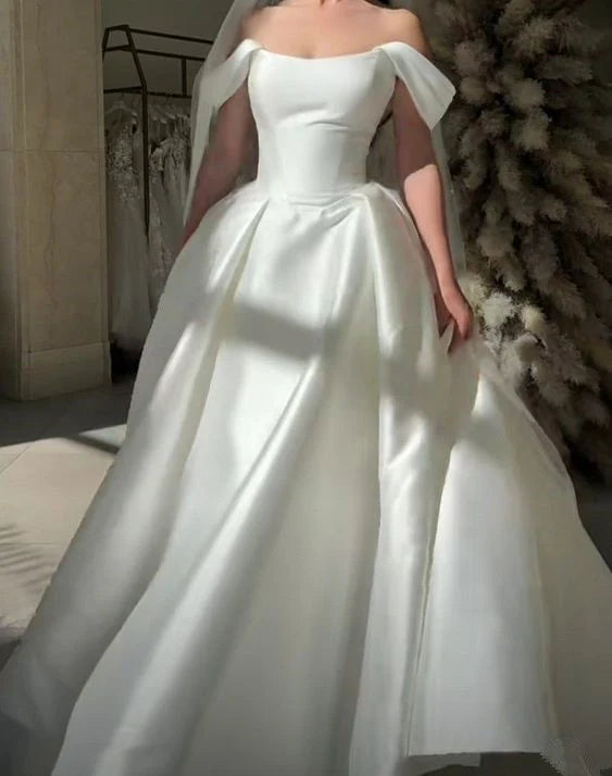 Girlhomeshops - Weißes, schulterfreies, langes, bodenlanges Satin-Hochzeitsballkleid gh5392