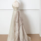 Champagner-Gold glänzendes elegantes Tüll langes Ballkleid Abendkleid Partykleid gh4870