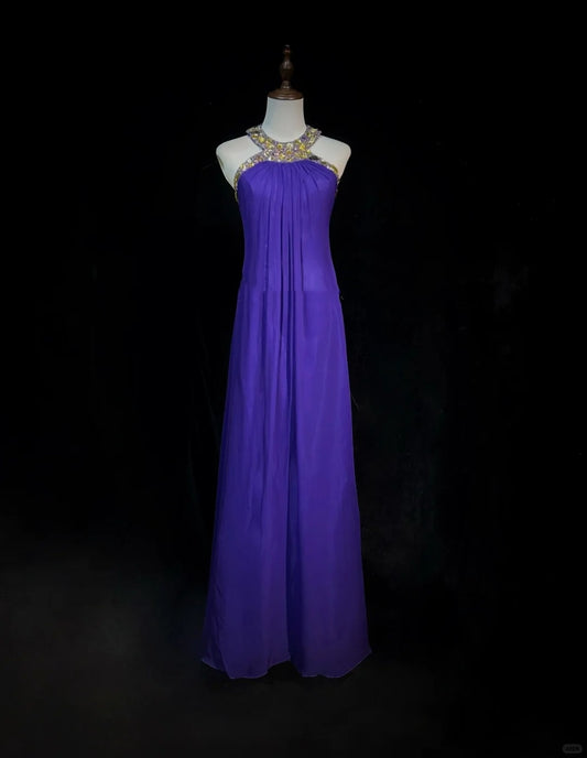 Purple Vintage Fashion Elegant Exquisite Gem Rhinestone Beading Long Floor Length Tulle Ball Gown Evening Dress Party Dress Prom Dress gh3863