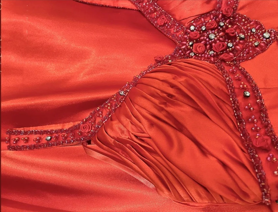 Robe de bal longue en satin rouge vintage à fleurs, robe de soirée d'anniversaire, gh4413
