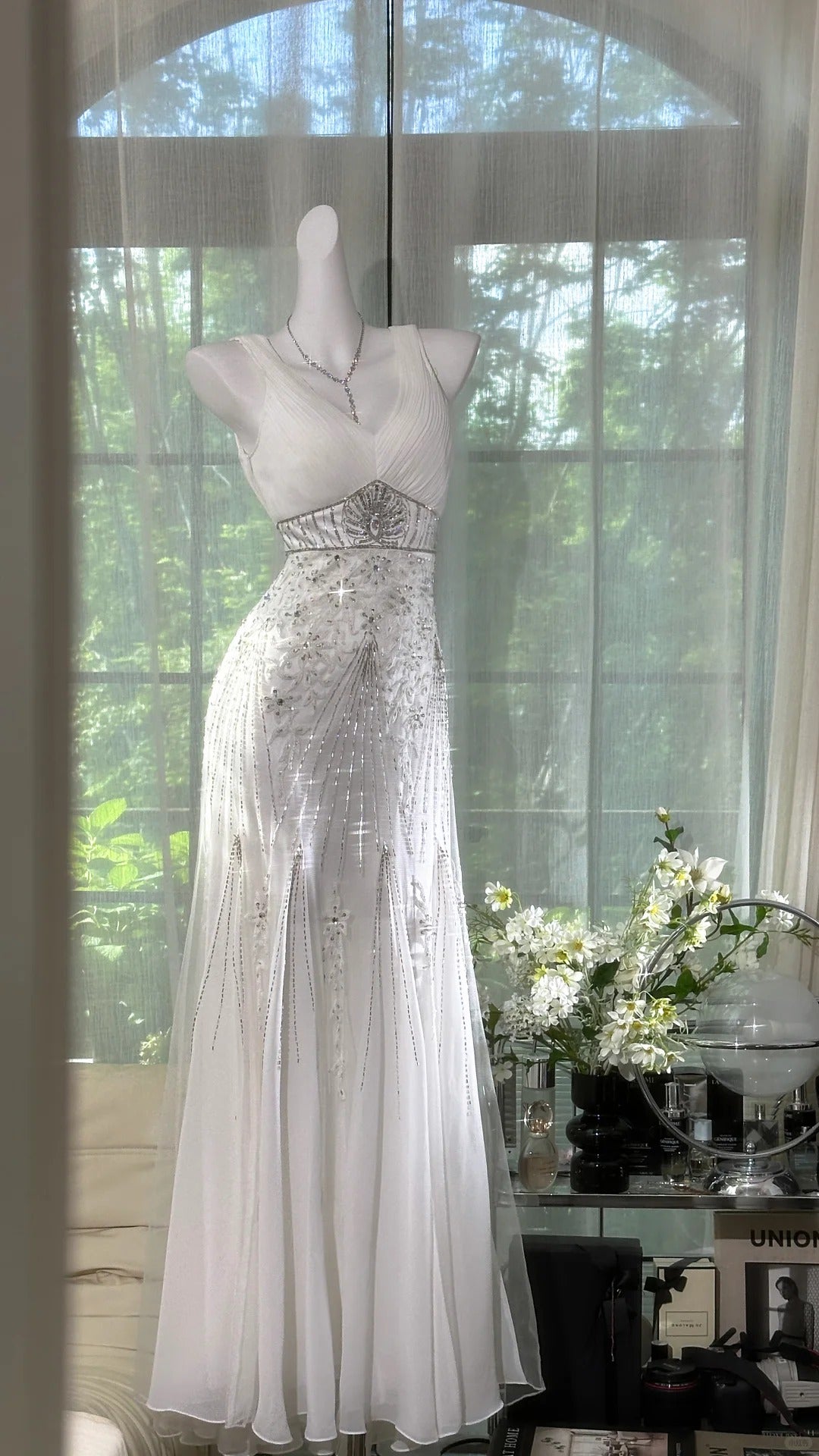 Girlhomeshops-Weißes, exquisites, perlenbesetztes, langes Chiffon-Ballkleid, Abendkleid, Partykleid, gh5077