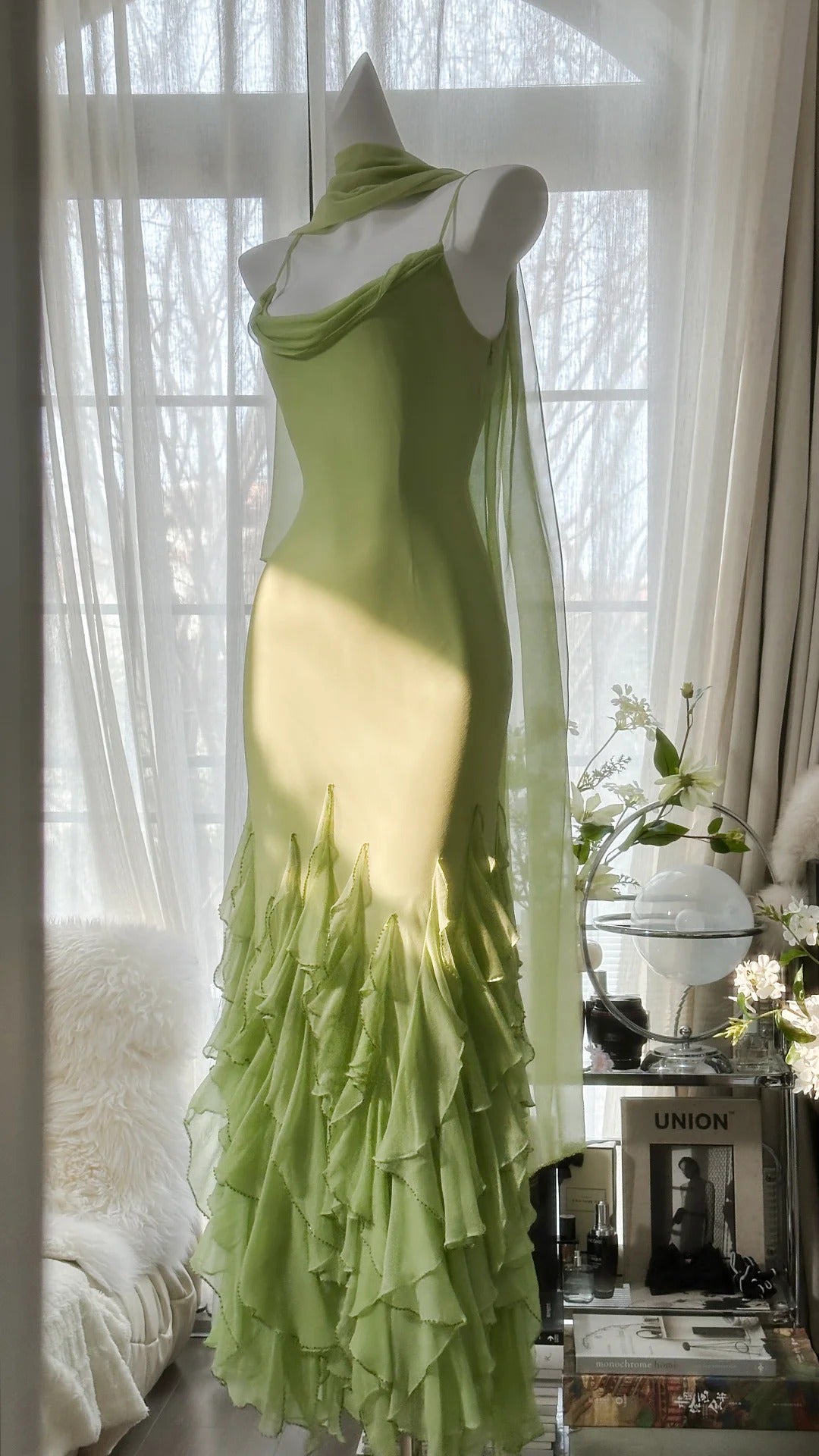 Grünes stilvolles elegantes Spaghettiträger-Lang-Rüschen-Meerjungfrauen-Slim-Fit-Chiffon-Ballkleid-Geburtstags-Partykleid-Abendkleid-Abschlussballkleid gh3976