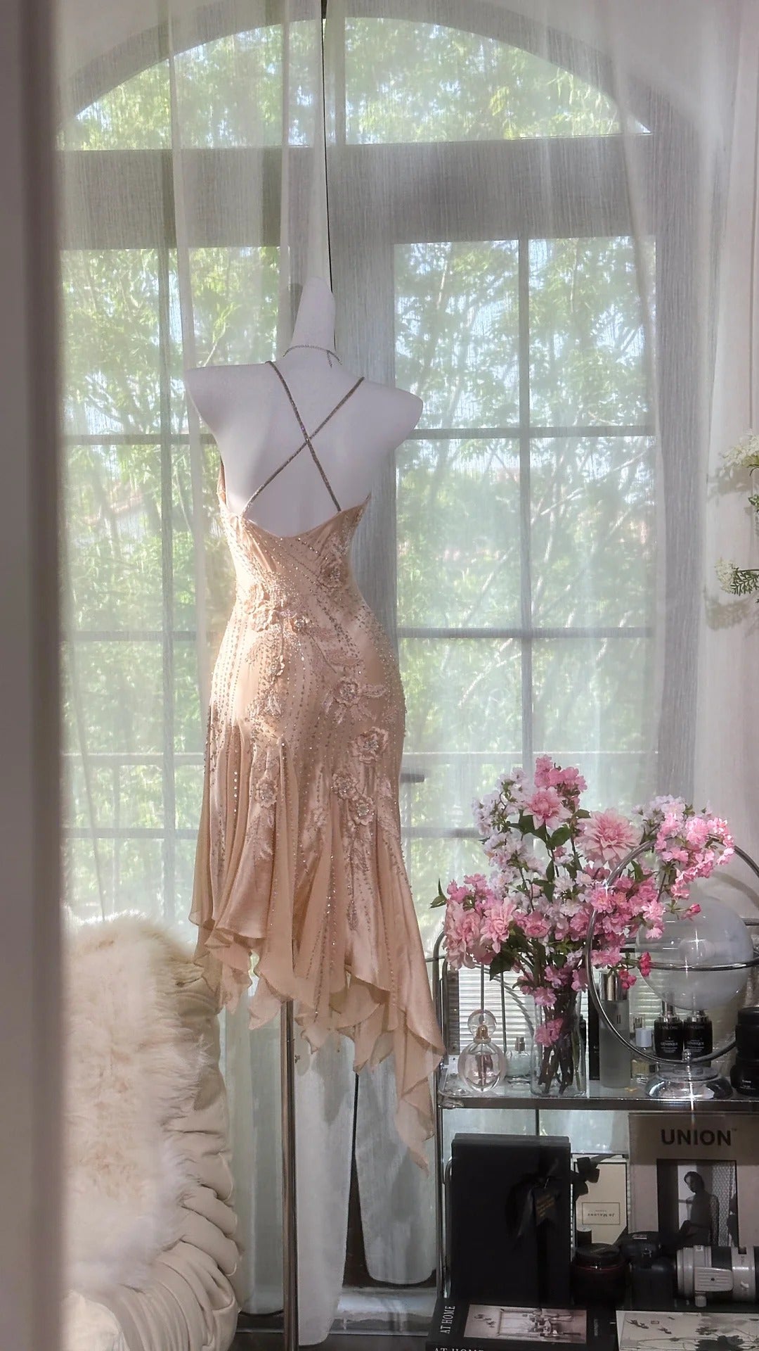 Robe de soirée courte en mousseline de soie rose clair à fleurs et perles, élégante, robe de bal, robe de soirée, robe de fête d'anniversaire, robe de rendez-vous, gh4683