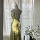 Robe de soirée élégante et romantique verte, à fleurs délicates, avec des appliques et des perles, à bretelles spaghetti, mi-longue/courte, en mousseline de soie, à volants, gh4060