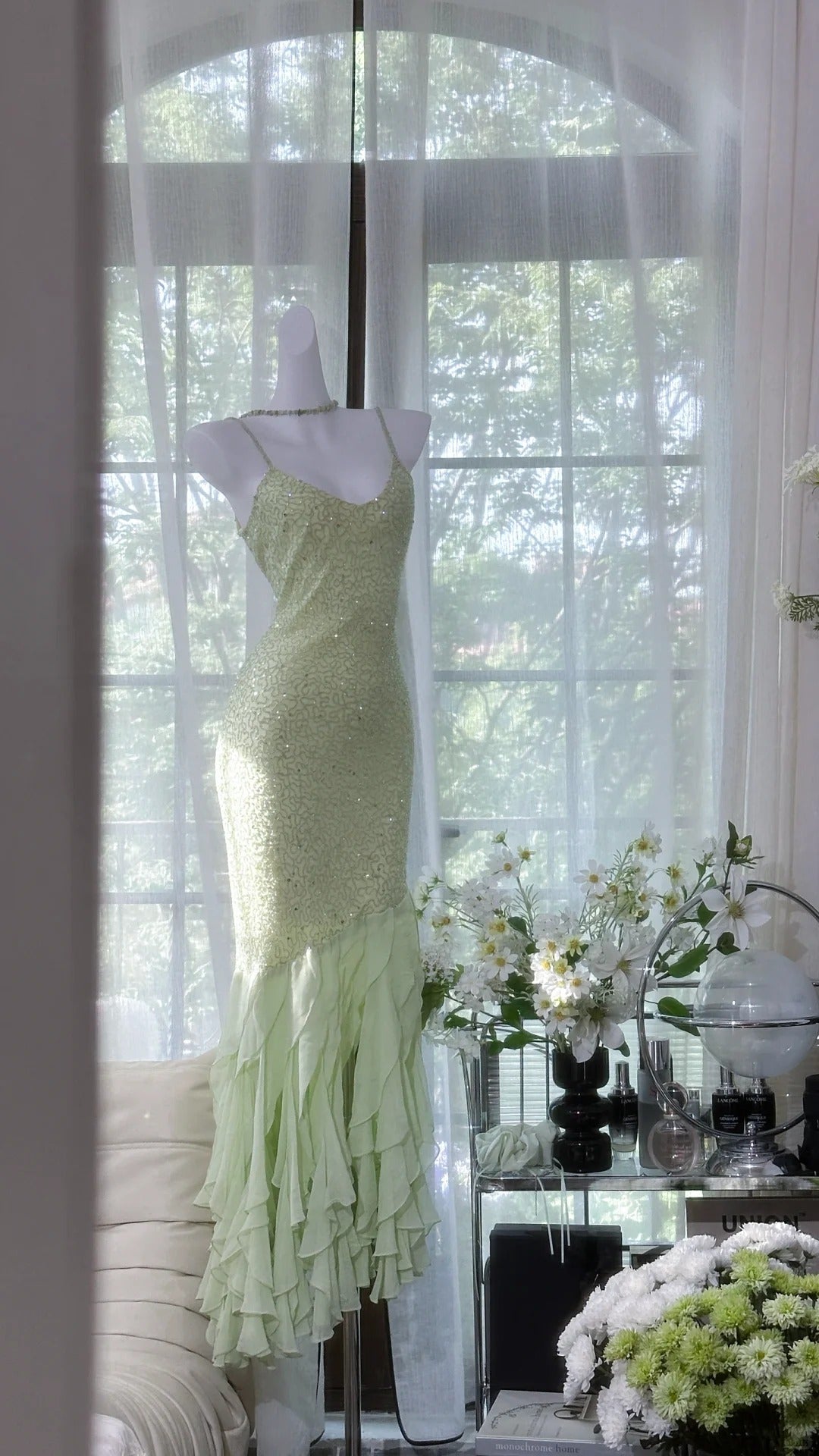 Robe de soirée longue à volants et paillettes, verte et brillante, gh4319