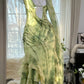 Grünes romantisches elegantes exquisites rückenfreies langes Chiffon-Rüschen-Heimkehrkleid mit Perlenbesatz, Ballkleid, Abendkleid, Geburtstags-, Urlaubs- und Partykleid gh4008