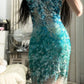 girlhomeshops-Teal-Green Gradient Sequin Halter-Neck Deep V Short Fashion Party Gown gh6380