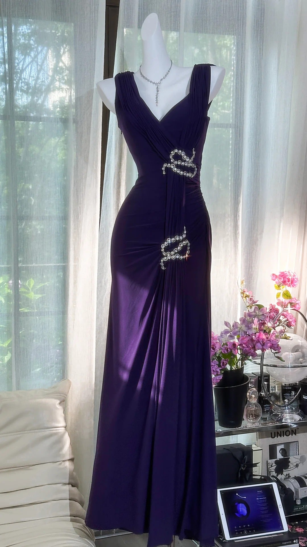 Robe de soirée longue en mousseline de soie violette avec strass, robe de soirée, robe de bal, gh4677