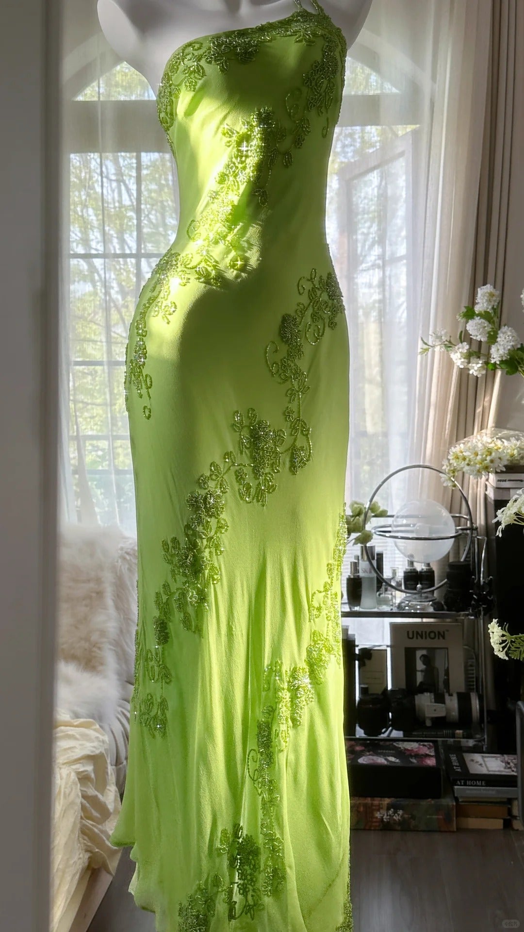 Grün wunderschöne Mode eine Schulter elegante Vintage exquisite Perlen lange Chiffon Ballkleid Abendkleid Geburtstag Party Kleid Ballkleid gh3951