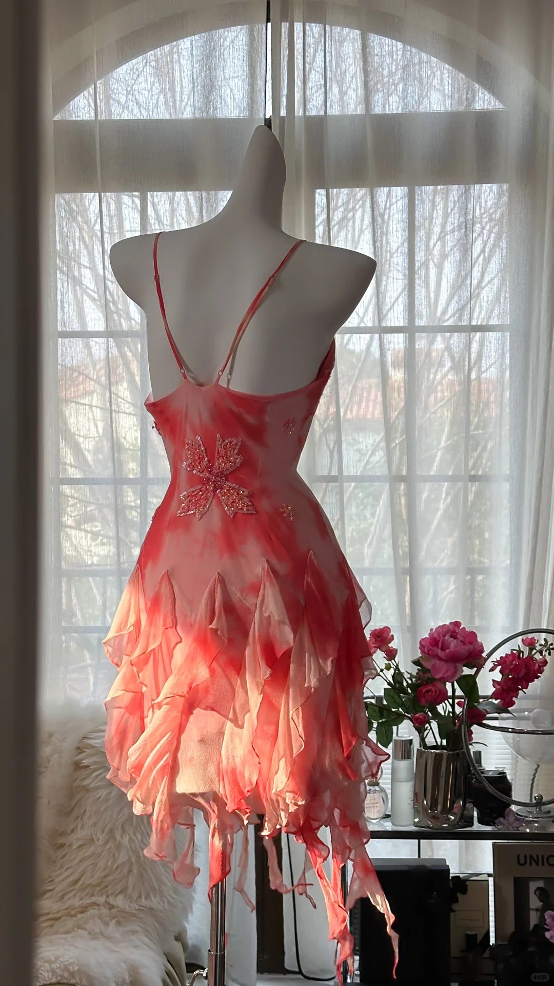 Rosa Romantisch Elegant Exquisite Blumen Perlen Rückenfrei Kurzes Chiffon Rüschen Homecoming Kleid Ballkleid Abendkleid Geburtstag Urlaub Partykleid Ballkleid gh4011