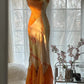 Orange Zarte Blumen Spaghetti Strap Lange Satin Chiffon Ballkleid Abendkleid Partykleid gh4093