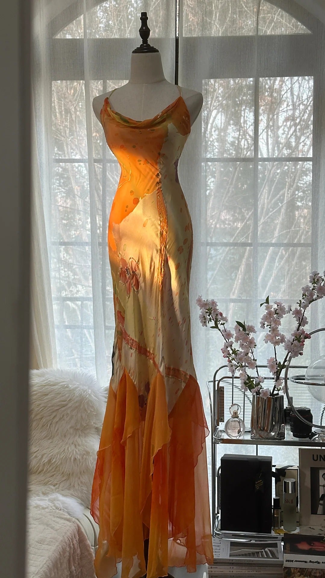 Orange Zarte Blumen Spaghetti Strap Lange Satin Chiffon Ballkleid Abendkleid Partykleid gh4093