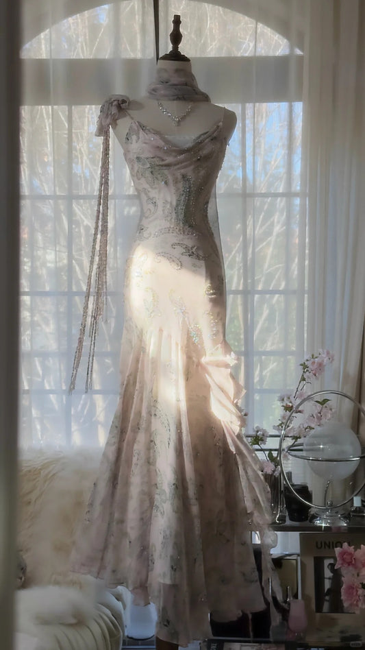 Rosa Romantische Mode Elegante Exquisite Perlen Spaghetti-trägern Lange Tüll Chiffon Rüschen Ballkleid Abendkleid Partykleid gh4057