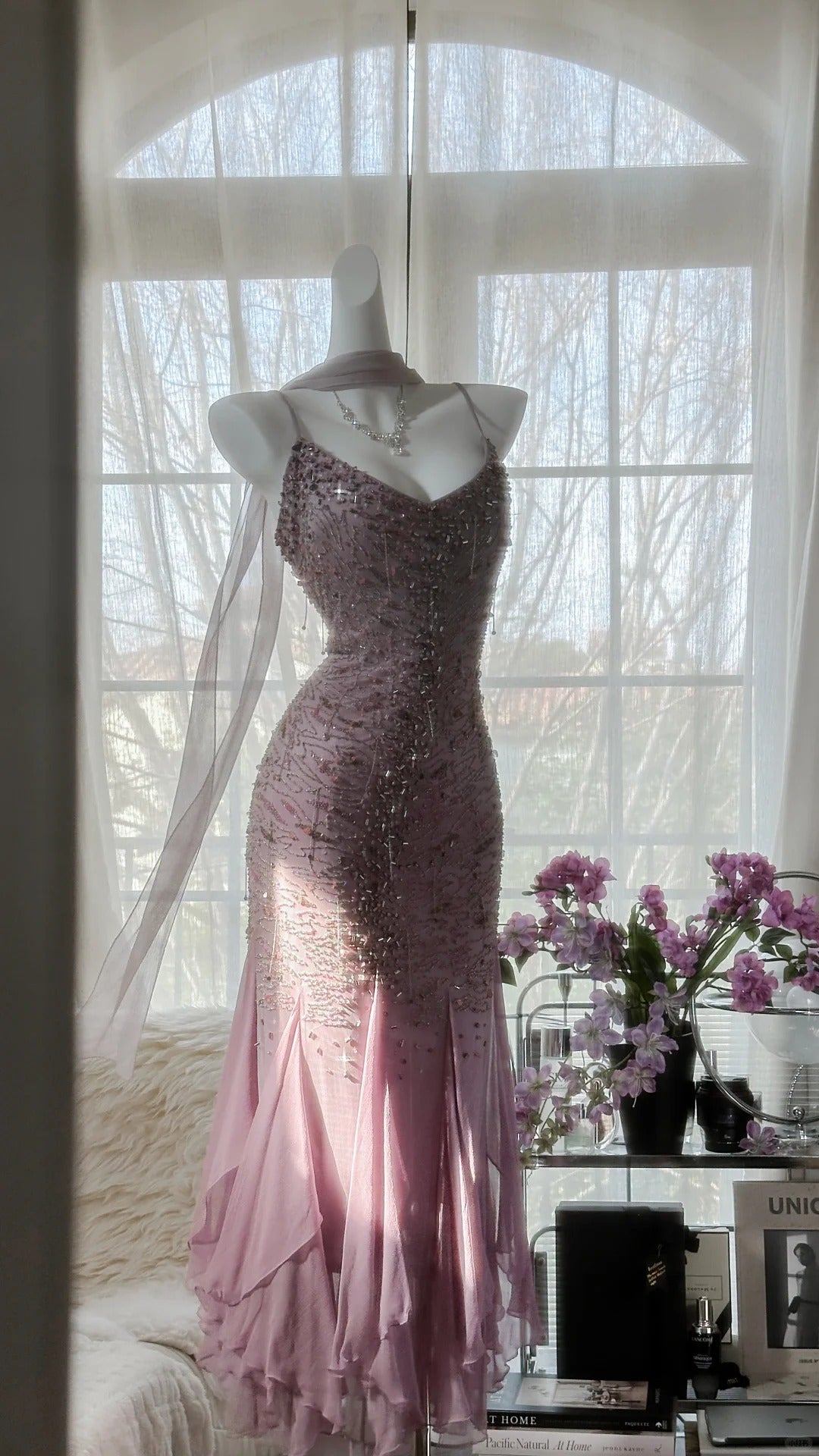 Rosa Lila Elegant Romantisch Exquisite Perlen Langes Chiffon Ballkleid Abendkleid Geburtstags-/Hochzeitsgast-/Urlaubspartykleid Ballkleid gh4021