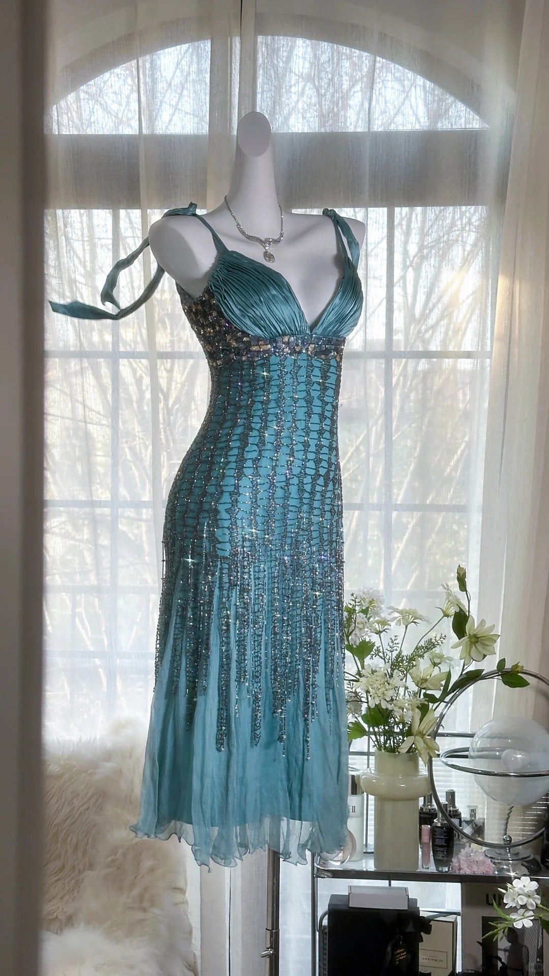 Green Luxury Gorgeous Retro Fashion Exquisite Tassel Beaded Mid-Length Chiffon Ball Gown Birthday Party Dress Evening Dress Prom Dress gh3973