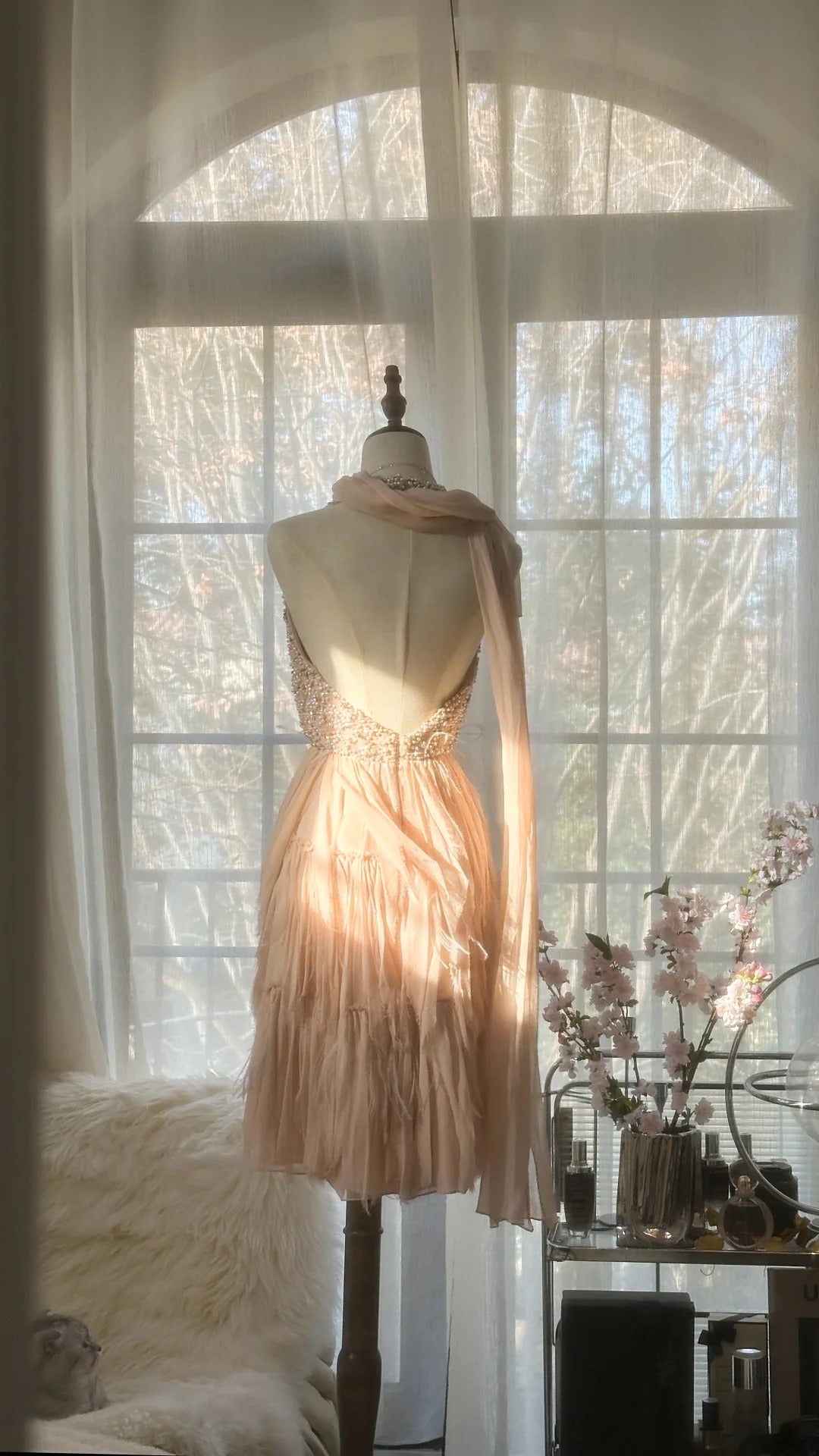 Blassrosa, zart, romantisch, süß, niedlich, wunderschön, exquisit, elegant, mit Perlen besetzt, kurz, Chiffon, Heimkehrkleid, Abendkleid, Ballkleid, Geburtstagskleid, Urlaubskleid, Partykleid, gh4045