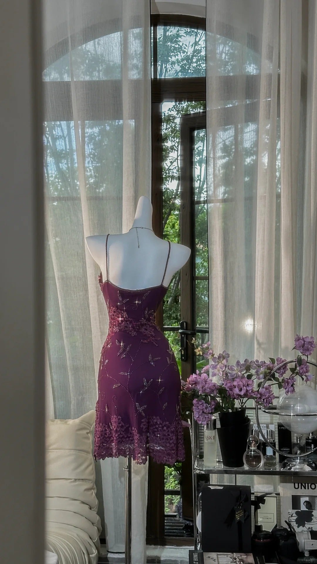 Purple Floral Gold Beaded Short Lace Chiffon Homecoming Dress Birthday Party Dress gh4621