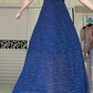 Navy Blue Polka‑Dot Halter Long Evening Dress, V‑Neck Ruffled Trim, Waist‑Defined A‑Line Maxi Dress With Front Slit gh8941