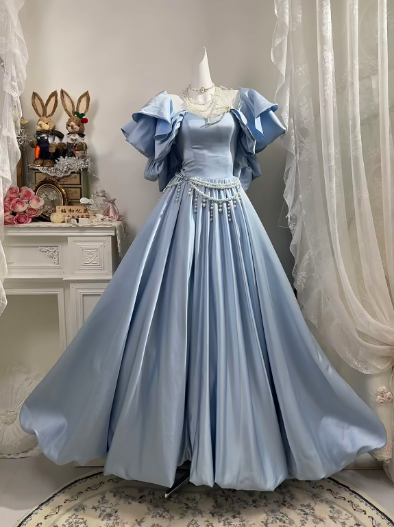 Dusty Blue Satin Long Evening Gown, Off Shoulder Ruffle Puff Sleeve V-Neck Pearl Waist Chain A-Line Ball Gown gh9268