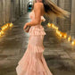 Rosa Chiffon Rüschen Langes Fließendes Elegantes Abendkleid Hochzeitsgast Partykleid Urlaubspartykleid gh3138