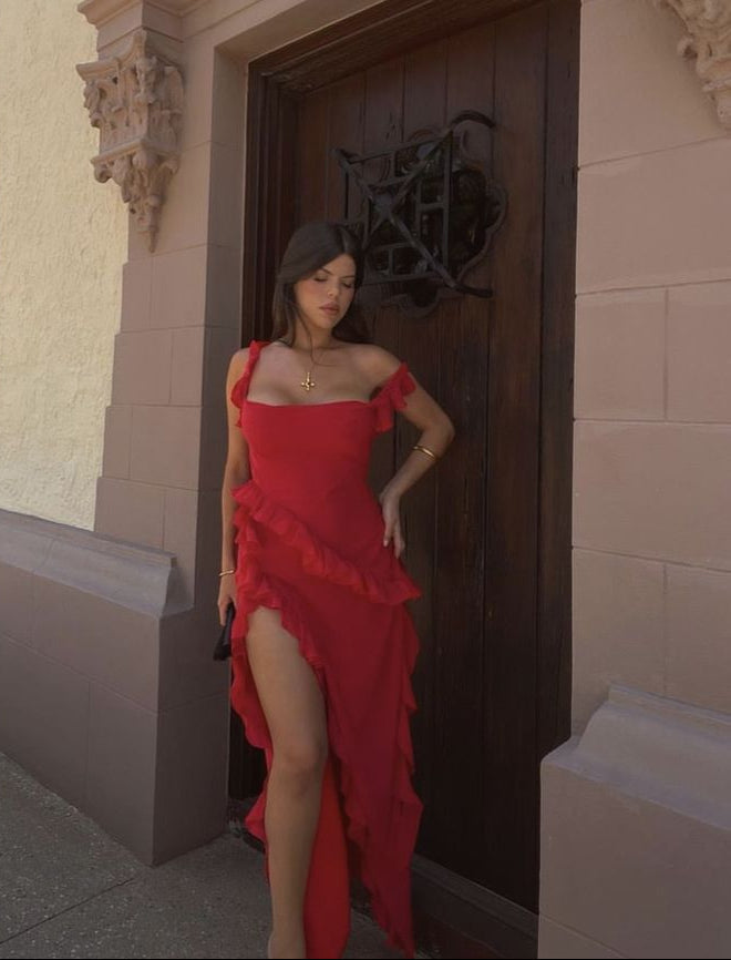 Rotes, quadratisches Hals-Spaghetti-Trägern, lange Chiffon-Rüschen, elegantes, sexy Ballkleid mit Schlitz, Abendkleid für Hochzeitsgäste, Partykleid gh3323