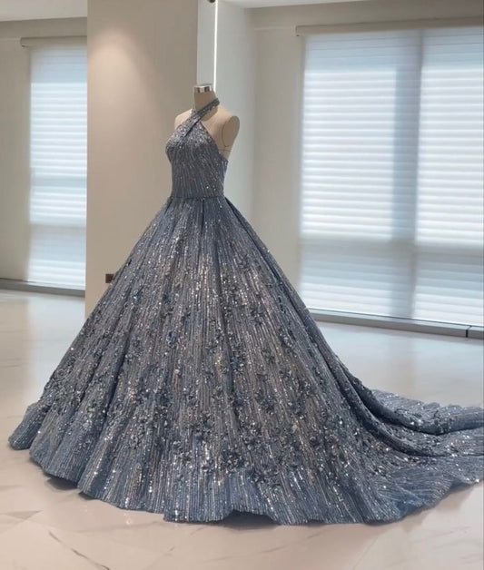 Blau glänzend Mode exquisite Perlen Hosenträger lange elegante Tüll Ballkleid Abendkleid gh3349