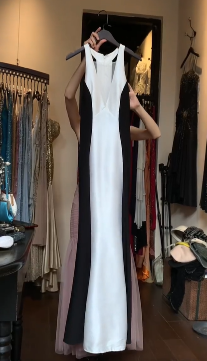 Halter Black White Color Block Satin Prom Dress Mesh Cutout Mermaid Formal Evening Gown gh9818