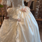 Cream White Vintage Palace Wedding Gown, V‑Neck Puff Mid‑Sleeve Lace Trim 3D Fabric Rose Satin Ball Gown Bridal Dress gh9069