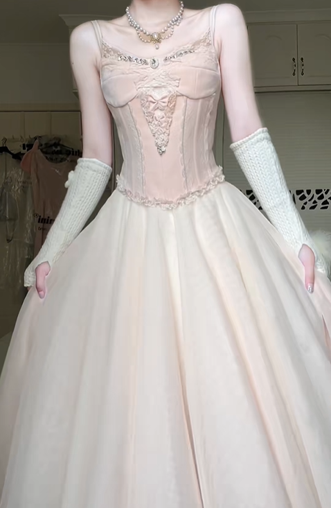 Light Apricot‑Pink Spaghetti Strap Midi Evening Gown, Lace Corset Bodice Rhinestone Tulle A‑Line Prom Dress gh9050