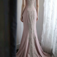 Dusty Pink Sleeveless Mermaid Evening Gown, V‑Neck Illusion Lace Beaded Applique Fitted Long Formal Party Dress gh9106