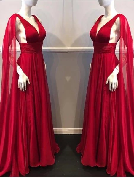 Girlhomeshops - Robe de soirée longue en tulle rouge à col en V, longueur au sol, gh5425