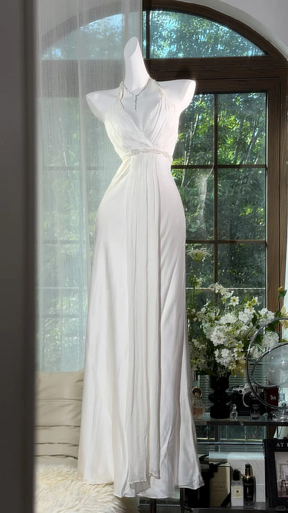 White Halter V-Neck Crinkled Chiffon Long Evening Dress, Beaded Waist A-Line Flowy Formal Gown gh9505
