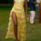 Girlhomeshops - Robe de soirée longue en mousseline de soie, élégante et sexy, motif floral, jaune, à volants, pour invité de mariage, gh5205